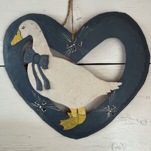 Handcrafted White Duck Heart Wall Sculpture - Blue & Yellow